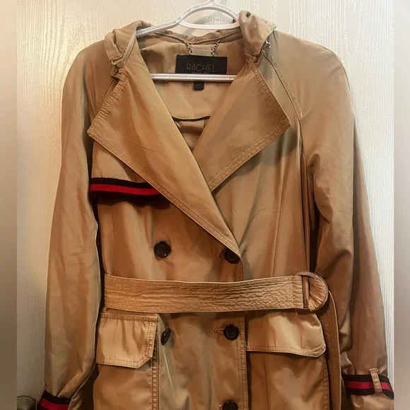 NWOT Rachel Roy Grosgrain Trim Tan Trench Coat Red/Black Ribbon Accents Sz Small - Picture 2 of 8